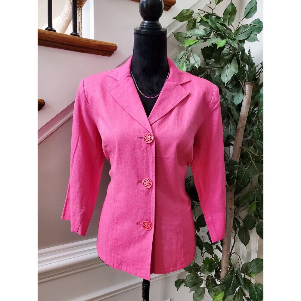Susan Graver Women Pink Linen Single Breasted Long Sleeve Jacket Blazer Size M